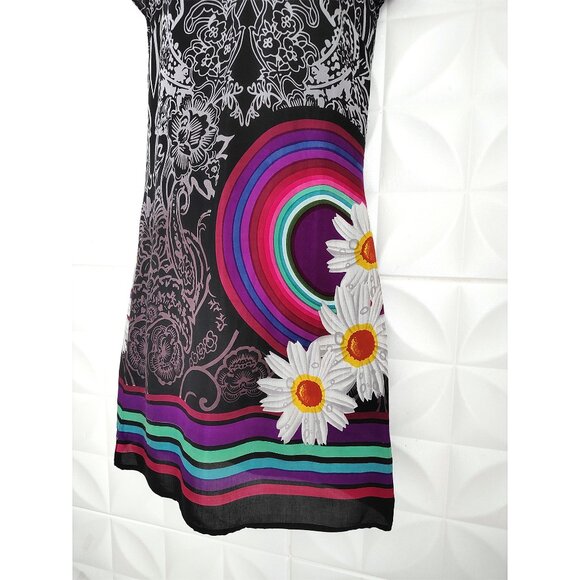 Rainbow Daisy Flower Black Dress Lined Boho Midi Short Sleeve M - Picture 9 of 13